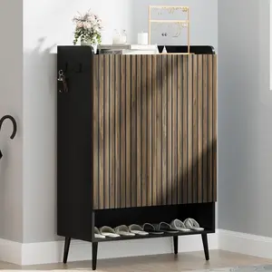 6-Tier Shoe Cabinet with Doors, Wooden Shoe Storage Cabinet with Adjustable Shelves, Retro Freestanding Shoe Storage Organizer Rack for Entryway, Hallway, Living Room(Black & Dark Walnut)