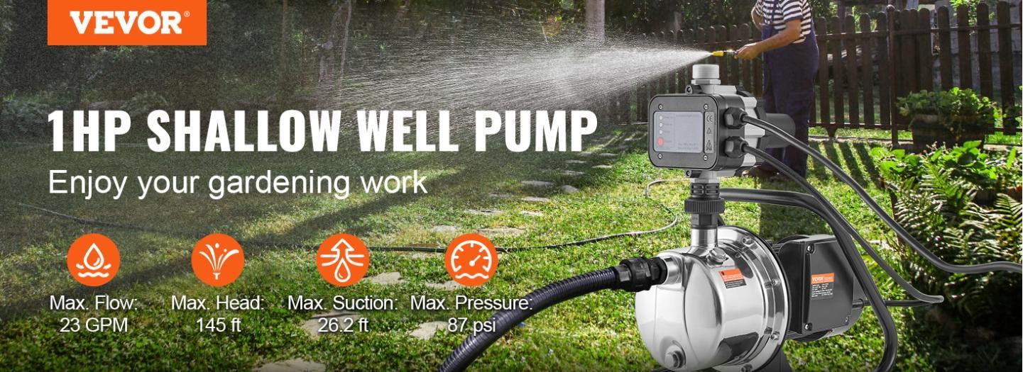 VEVOR Shallow Well Pump with Automatic Controller, TikTokShopBlackFriday, 1HP 115V, 1200 GPH 164 ft Head, Max 87 psi, Portable Stainless Steel Sprinkler Booster Jet Pumps for Garden Lawn Irrigation system, Water Transfer VEVOR Shallow Well Pump with Automatic Controller, TikTokShopBlackFriday, 1HP 115V, 1200 GPH 164 ft Head, Max 87 psi, Portable Stainless Steel Sprinkler Booster Jet Pumps for Garden Lawn Irrigation system, Water Transfer