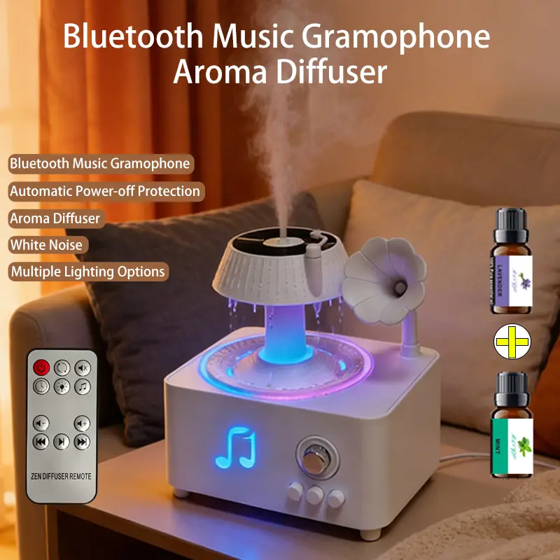 Record Player Shape Humidifier with Bluetooth Speaker & Aroma Diffuser, Includes 2 Bottles of Essential Oils, Features Water Shortage Protection, Multiple Lighting Modes and Remote Control. An Elegant Premium Gift for Family and Friends.