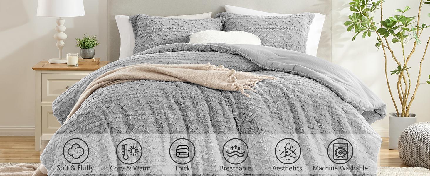 HOMELIKE MOMENT Queen Size Reversible Fluffy Fleece Comforter Set Ultra Soft Cozy Machine Washable Bedding for Christmas Winter Dorm & Bedroom Decor Beige 3-Piece Set, Valentines Gifts