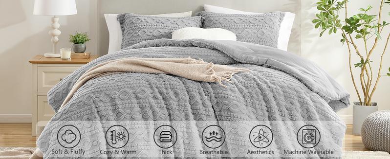 HOMELIKE MOMENT Queen Size Reversible Fluffy Fleece Comforter Set Ultra Soft Cozy Machine Washable Bedding for Christmas Winter Dorm & Bedroom Decor Beige 3-Piece Set, Valentines Gifts