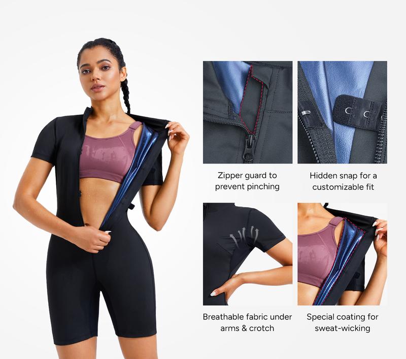 Nebility Women's Coated Athletic Zipper Workout Sweat Sauna Jumpsuit Stylish Activewear Workout Apparel Sporty Comfy Jumpsuit Tummy Control Jumpsuit Sauna Sports Jumpsuit Sports Outfits Stylish Activewear