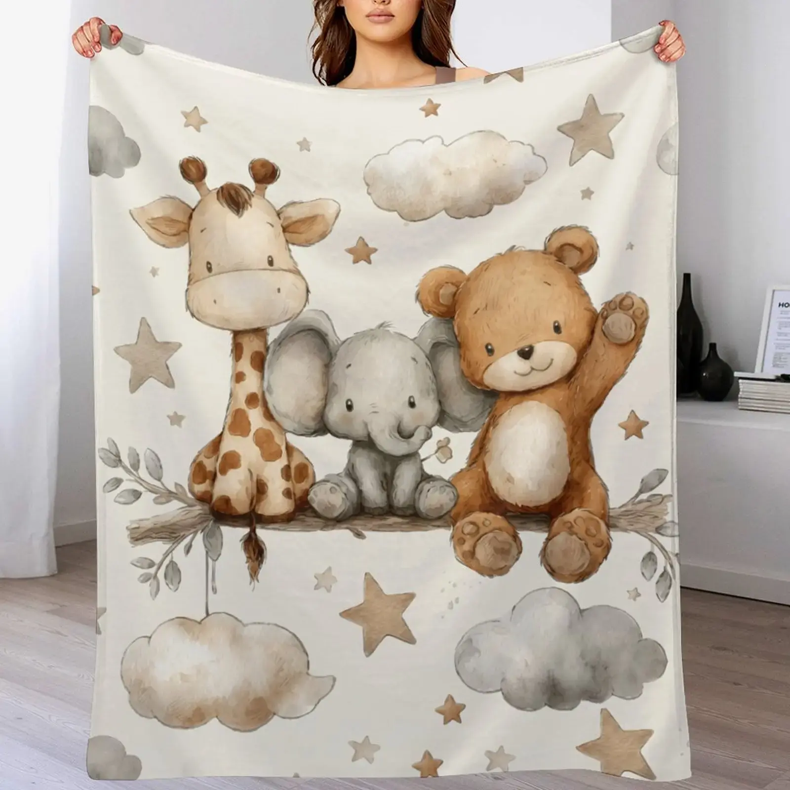 Snuggly Watercolor Safari Blanket - Soft Neutral Crib Throw with Giraffe, Elephant & Teddy Bear Prints for Boys & Girls, Snuggly Blankets, Fluffy Blanket, Cozy Warm Blanket