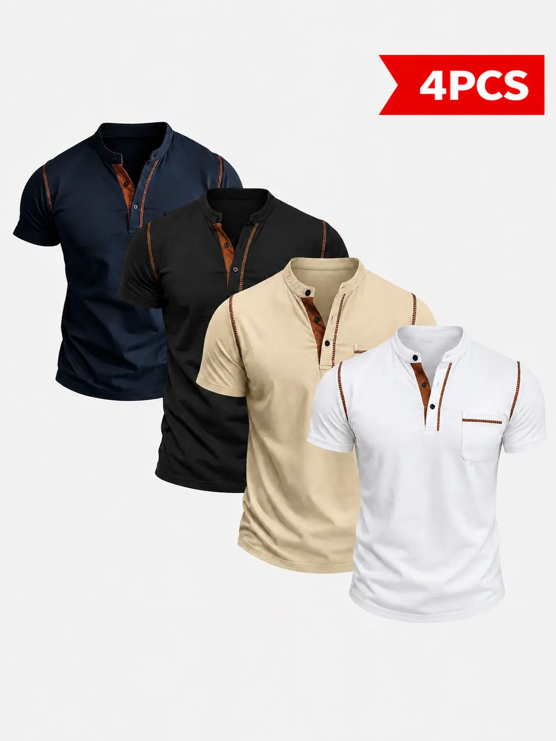 Men's Everyday Henley Shirts 1/2/3/4 Pack, Soft Mandarin Collar T-Shirt with Chest Pocket and Vintage Contrast Binding, Basics, Adjustable Neckline, Button, Casual, Smooth, Fabric, Office, Menswear, Small, Plain, Set, Tops