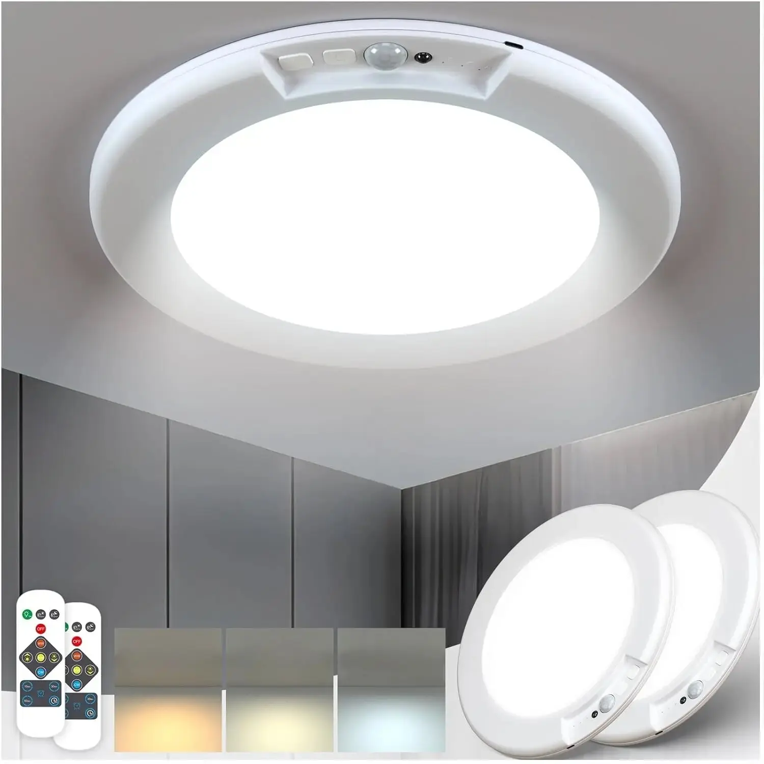 Rechargeable Magnetic LED Ceiling Light 1/2-Pack - 3 Color Modes, Motion Sensor, Remote Control, Wireless Battery-Operated, Modern Slim Led Lighting with Magnetic Mount for Closet, Shed, Porch, 1/3 The Thickness Of Traditional Fixtures