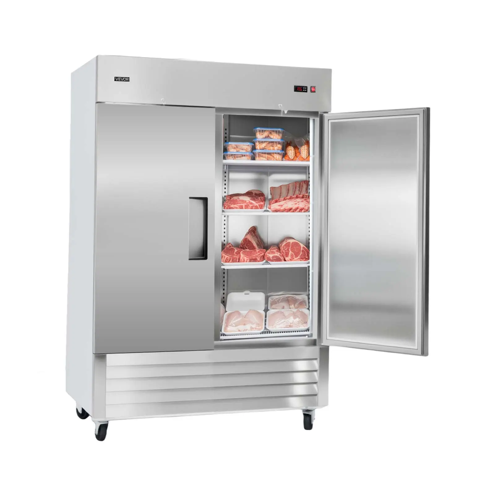 VEVOR Commercial Upright Deep Freezer, 54" W 44 Cu.Ft Stainless Steel Double-Door Reach-In Freezer, Auto-Defrost, 8 Adjustable Shelves, -11 to 14℉ Temp Control, ETL Certified