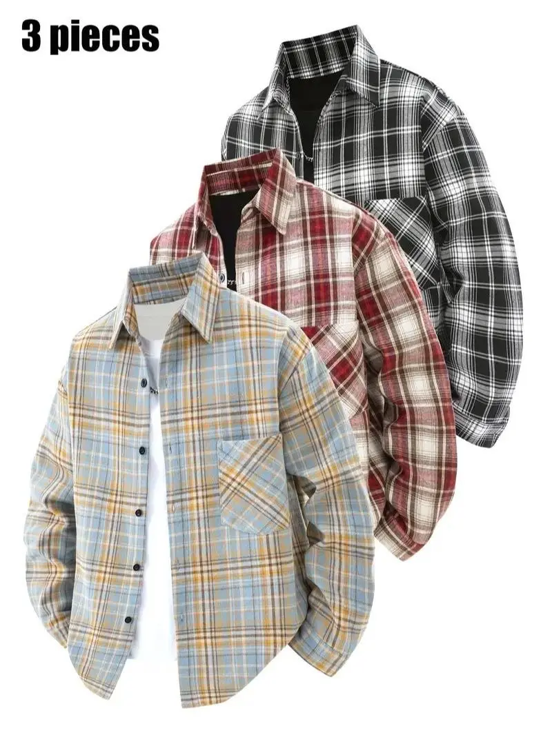 3-Pack Men's Plaid Flannel Shirts, Spring Long Sleeve Button-Up, Mixed Colors, Casual Everyday Wear Menswear Checked