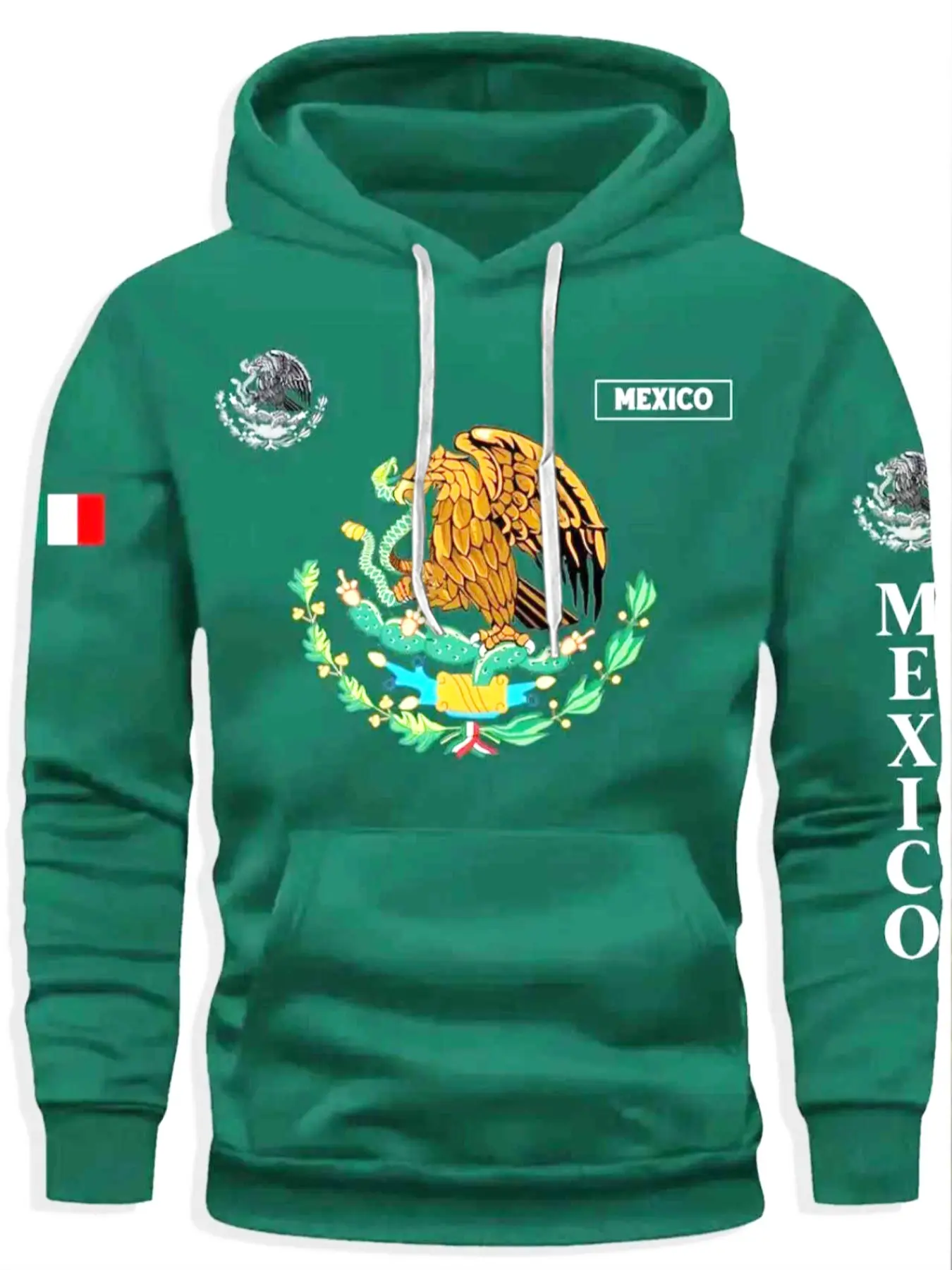 Men's Mexico Flag Print Hoodie, Soft Polyester Fabric, Casual Fitted Sweatshirt, Casual Hooded Sweatshirt, All Seasons, Comfortable Clothing, Graphic Print Hoodie, Casual Streetwear Hoodie, Casual Print Clothes