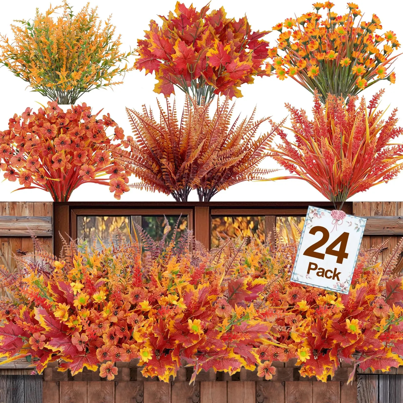 24 Bundles 6 Styles Artificial Fall Flowers Plants for Outdoors Fall Decor, Fake Faux Flower Autumn UV Resistant Orange Mums Maple Leaves Wheat Boston Fern Lavender for Thanksgiving Outside Porch Home,dorm essentials