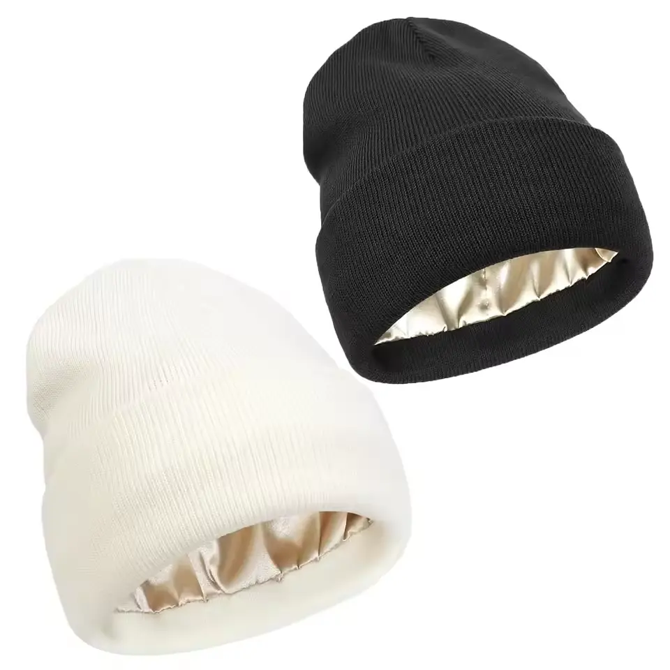 Unisex Plain 2-Layer Anti-Static Satin-Lined Skullies Beanie Hat - Relaxed Fit, Cuff Detail, Warm Winter 2 Layer Hair Cover Sleep Cap for Women, Sleeping, Satin Bonnet Hats, Skull Cap Hats