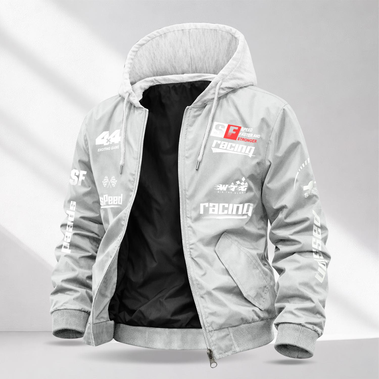 Men’s Letter Print Casual Jacket — Drapey, Wrinkle-Resistant fabric ; Color-Blocked Design with Hood and Drawstring; Retro Racing Style; Perfect for Going Out, Commuting, and Dates; A Stylish, Versatile Outerwear Piece