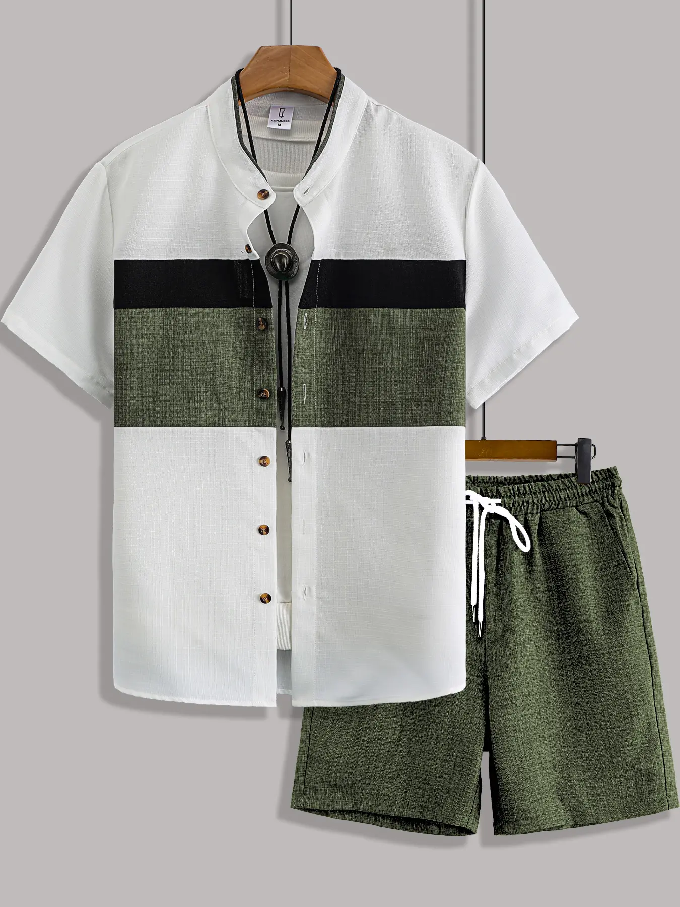 Men's Summer Classic Casual Two-Piece Matching Set, Menswear, Button Up Short Sleeve Shirt and Drawstring Waist Shorts for Indoor and Outdoor Wear, Stylish and Fitted Outfit, Woven Fabric