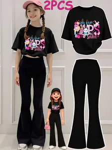 2PCS Girls Clothes T-Shirt Bottom Pants Set  Pink Pop Art Design Print Girl Clothes Short-Sleeved Round Neck T-Shirt Bell Bottom Pants Set Perfect For Outdoor  Kids Clothes