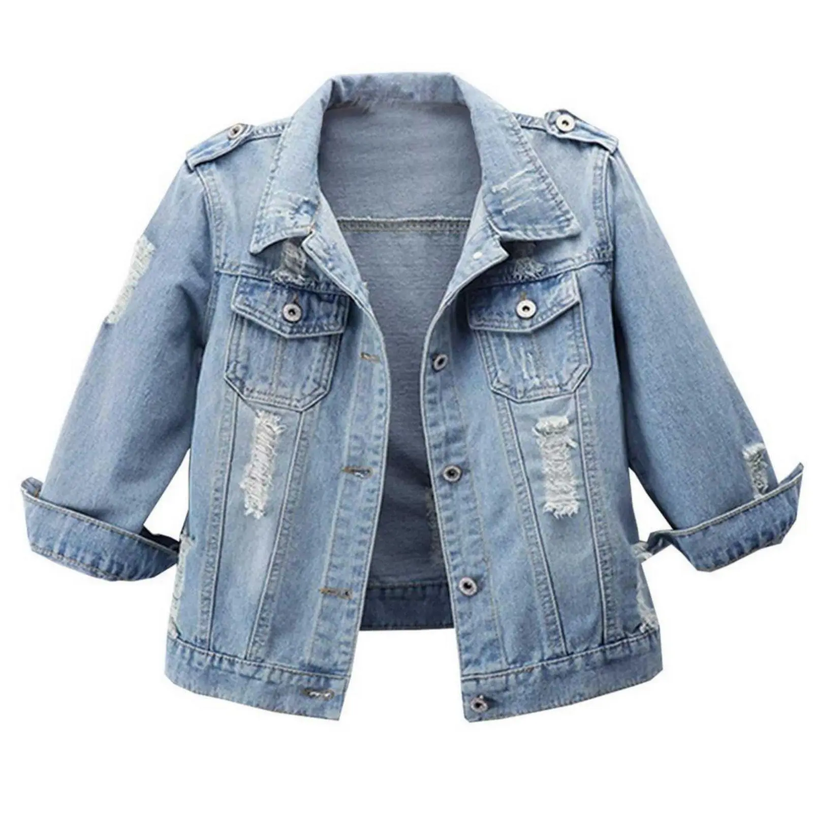 Hixiaohe Women’s 3/4 Sleeve Washed Denim Jackets Distressed Light Cropped Jean Jackets Coats Casual Womenswear TikTokShopBlackFriday,back to school,back to school shopping,clothes for back to school,first day of school outfits