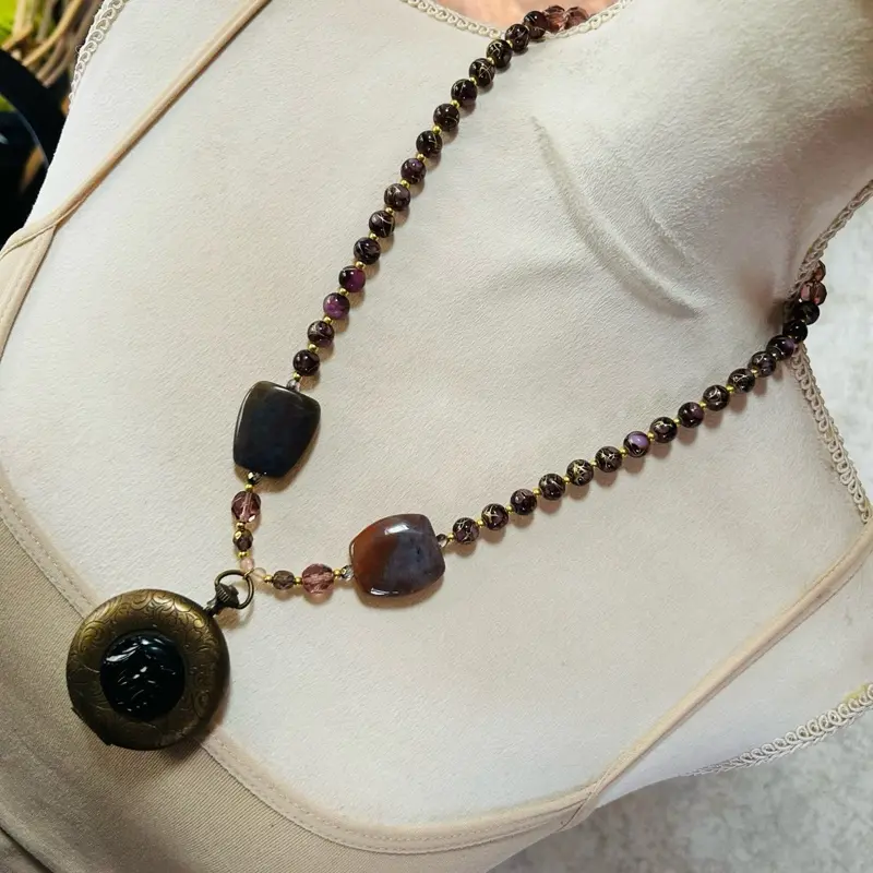 Handcrafted vintage pocket watch case locket art glass bead orca agate necklace