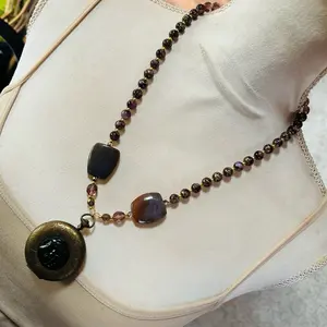 Handcrafted vintage pocket watch case locket art glass bead orca agate necklace
