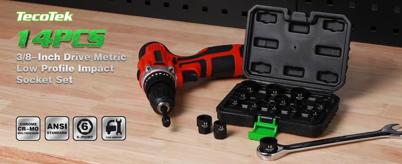 TecoTek 14-Piece 3/8-Inch Drive Metric Low Profile Impact Socket Set 6mm-19mm No Skips 6 Point CR-MO Shorter for Tight Areas