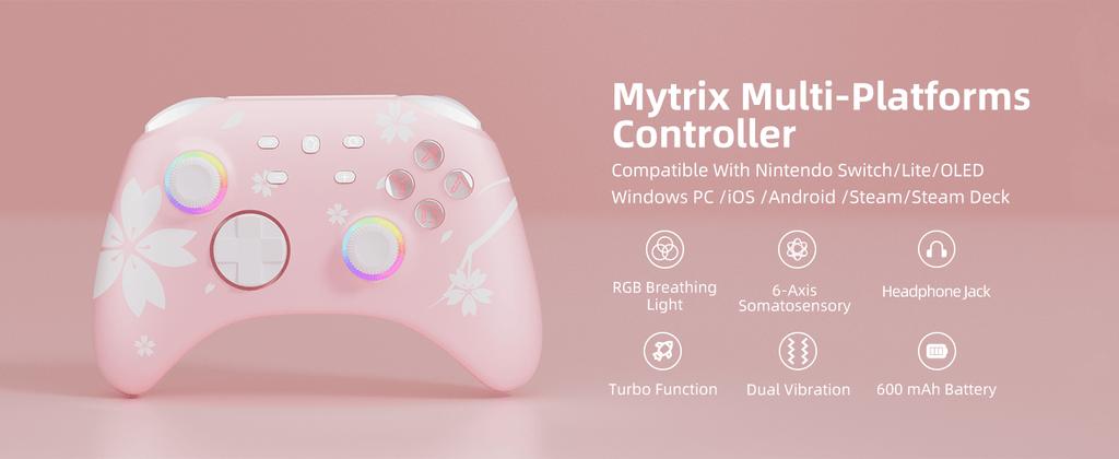 Mytrix Pro Wireless Controller Sakura Pink, Bluetooth Controller with Programmable, Compatible with Nintendo Switch, Windows PC, iOS, Android, and Steam/Steam Deck