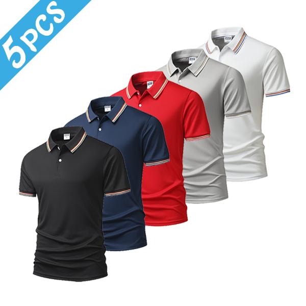5PCS Polo Shirt Striped Turn-down Collar Short Sleeve Men's Casual Tops Set good graphic tees