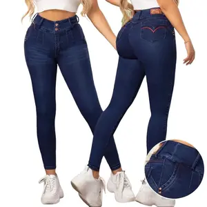 Jeans faja PANTY control  REF ALISON Y VALENTINA abdomen azul oscuro con bolsillos tipo skinny tela piel de Durazno 5 Botones  y 2 Botones