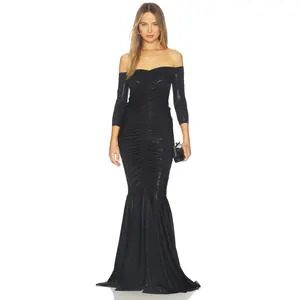Norma Kamali Off Shoulder Shirred Front Fishtail Gown in Black