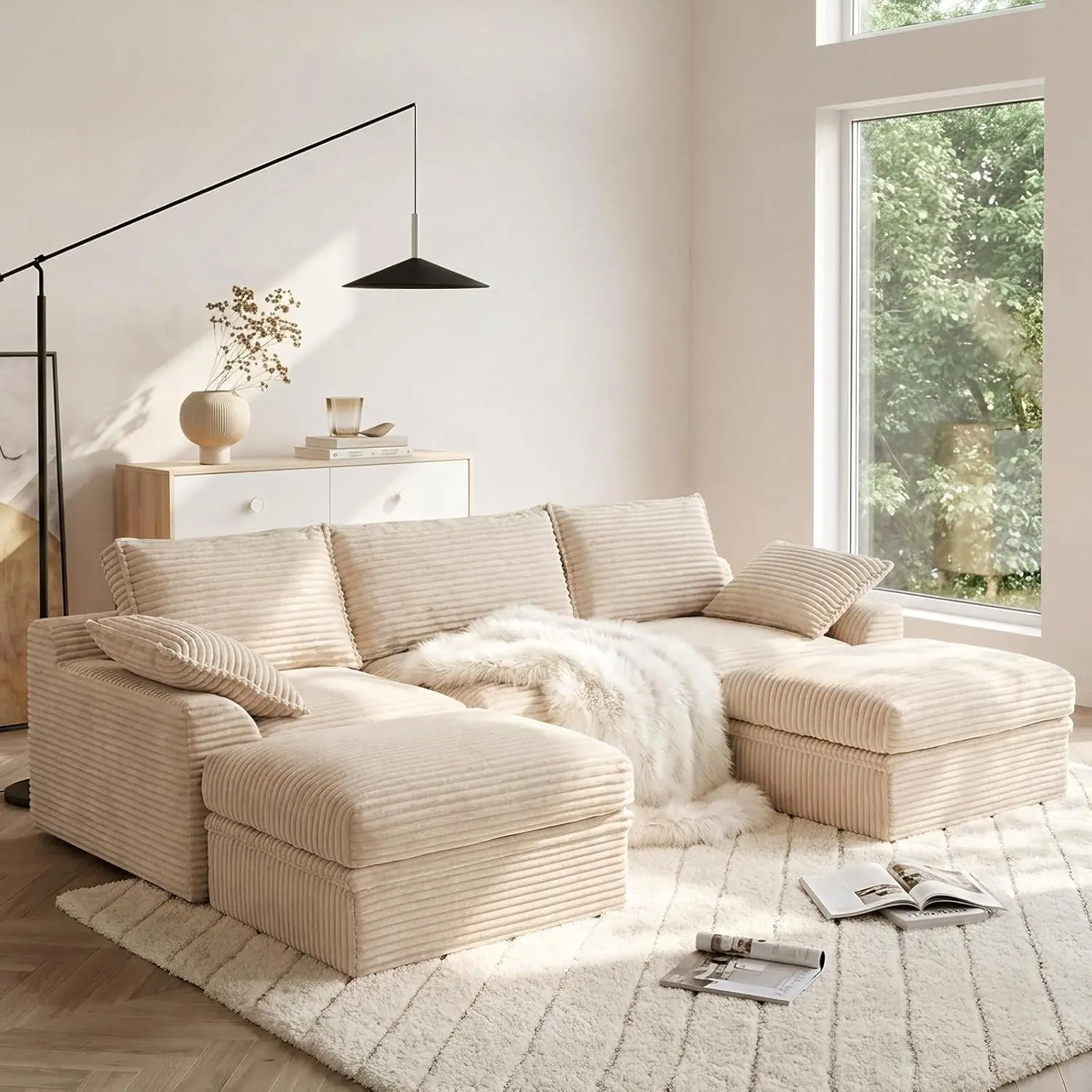 Beige 107in U-Shaped Modular Sectional Couch - 3-Seater Boneless Floor Sofa, The Cloud Couch, Cloud Sectional, Deep Seat Corduroy Sofas Living Room, Hidden Storage, Movable Ottomans, High Back Support, No Assembly, 2-Pack Ship, Curved Indoor Furniture