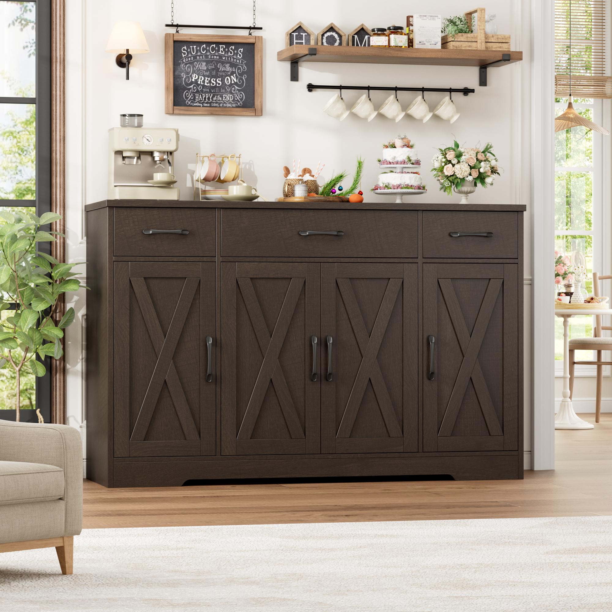 HOSTACK Modern Farmhouse Buffet Cabinet with Drawers 55" Large Sideboard Storage with Shelves Doors for Kitchen Dining Room
