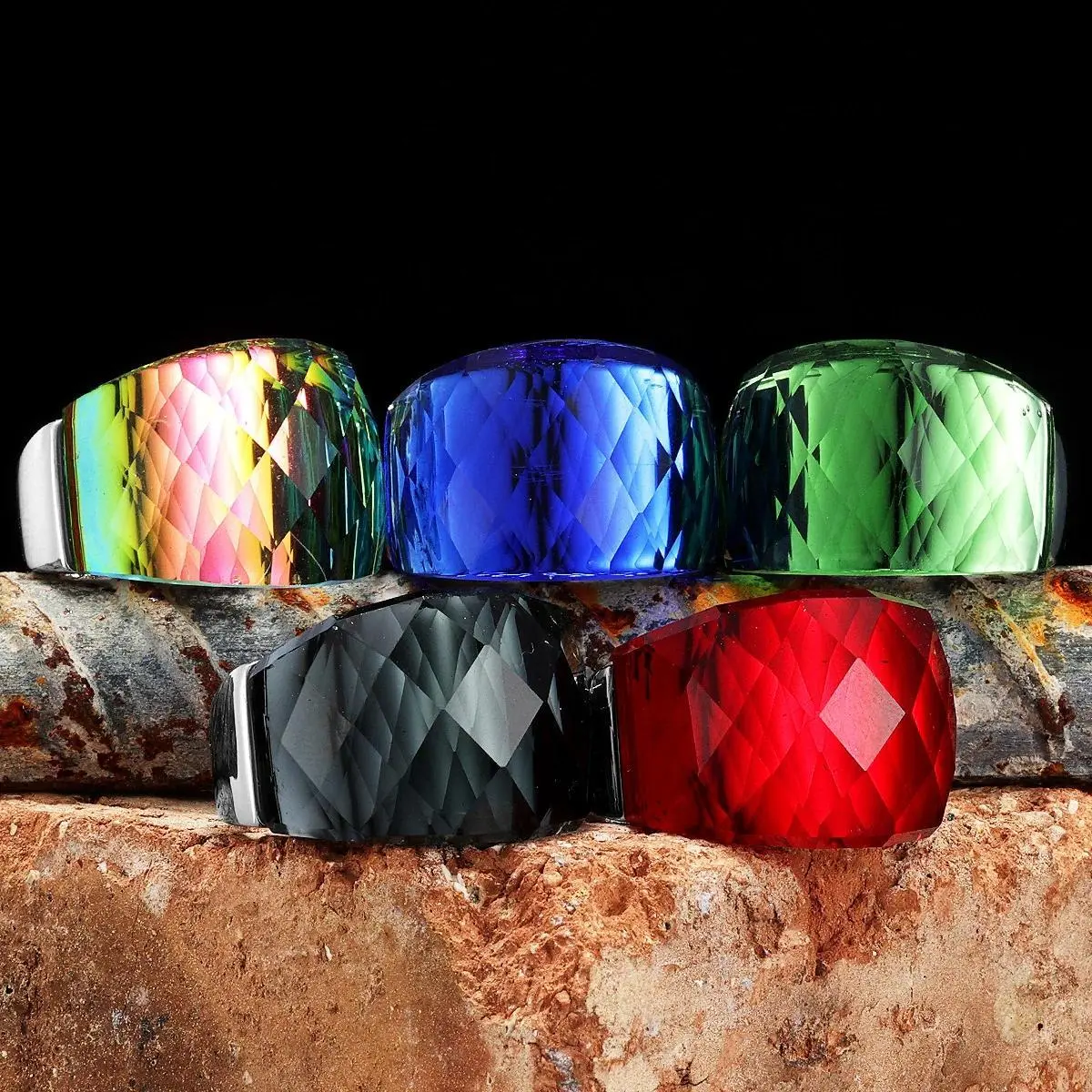 Multicolor Luxury Glass Crystal Rings - 16g Antiallergic Non-Tarnish Stainless Steel Punk Rock Bling Adult Jewelry for Men & Dad, Fashion Gifting & Wholesale Accessories, Beautiful Rings