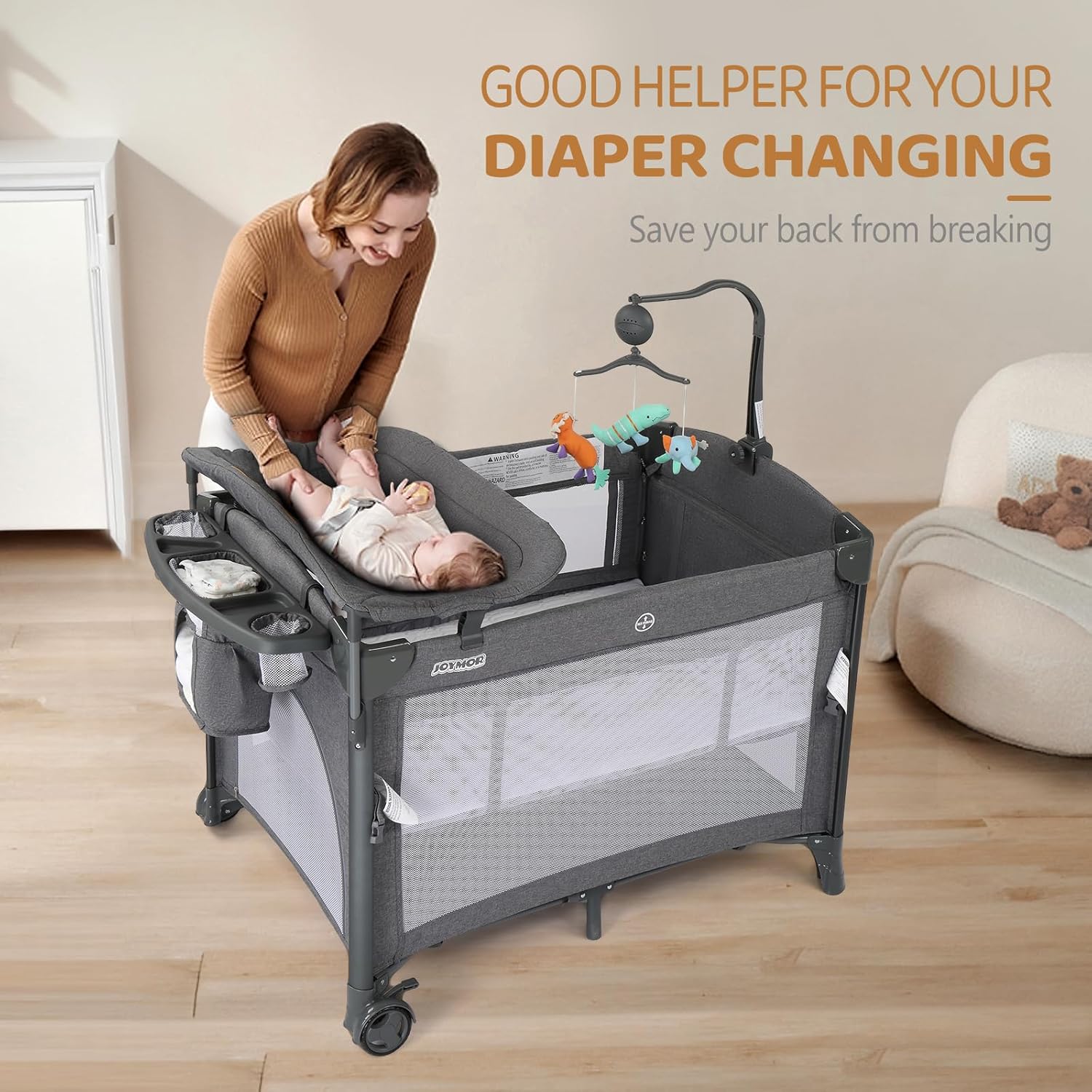 JOYMOR 5 in 1 Baby Bassinet with Changing Table, Portable Pack and Play with Bassinet, Mattress, Sheet, Toy, Wheels, Carry Bag for Boys Girls Diaper Gift