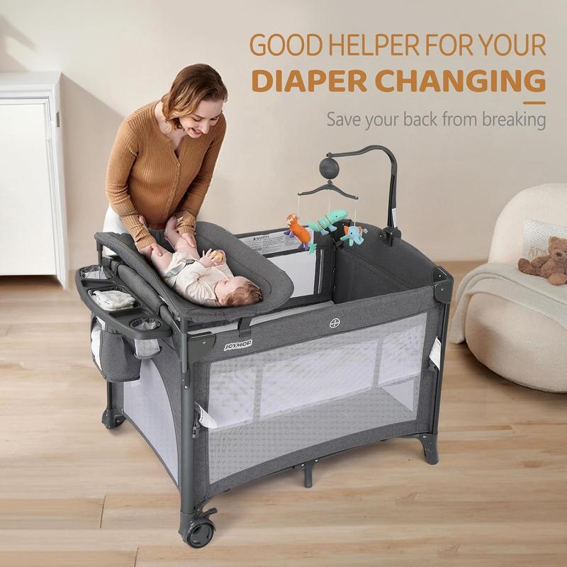 JOYMOR 5 in 1 Baby Bassinet with Changing Table, Portable Pack and Play with Bassinet, Mattress, Sheet, Toy, Wheels, Carry Bag for Boys Girls Diaper Gift