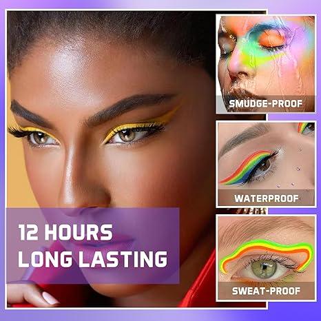 12 Colors UV Glow Matte Eyeliner, Colorful Neon Liquid Eyeliner, Waterproof High Pigmented Long Lasting Quick Dry Rainbow Eyeliner Pencil, Eyes Makeup Kit for Women Girls, Cosmetic Gift,Halloween Christmas Music Festival Makeup liquid eyeliner  liner