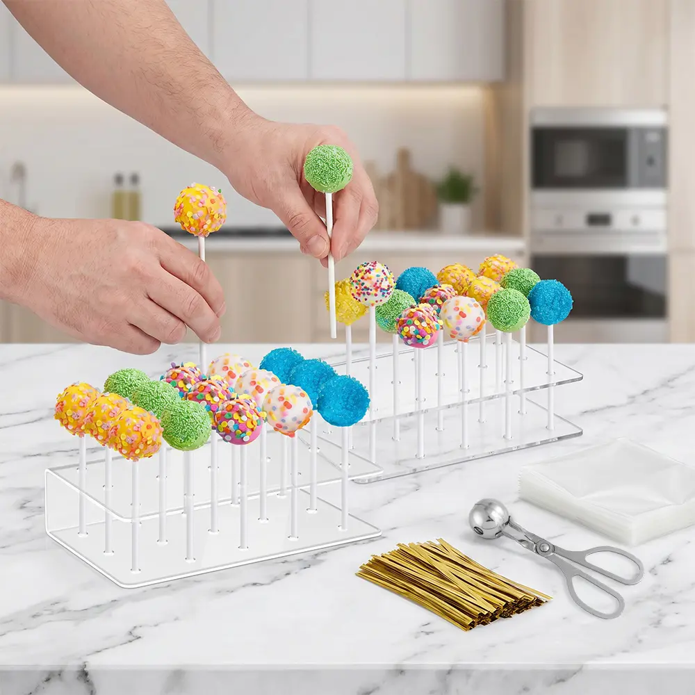 2 Pack Cake Pop Stand with Sticks Kit, Acrylic Lollipop Hold Stand, Clear Cake Pop Display Holder, 15 Holes Candy Pop Holder with 100 Pcs Sticks, 100 Pcs Gold Twist Ties