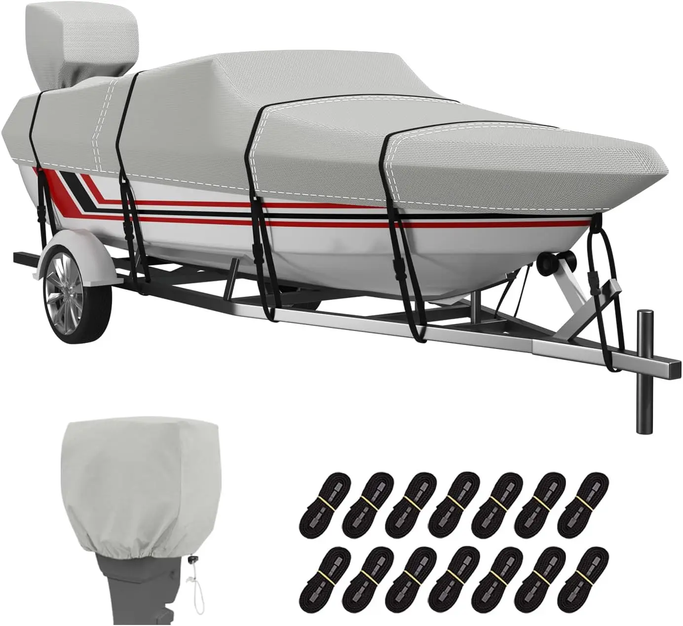Trailerable Boat Cover, 600D Solution-Dyed Bass Boat Cover, Heavy Duty 100% Waterproof Boat Covers Fits V-Hull Runabout Fishing Ski Pro-Style Bass Boats