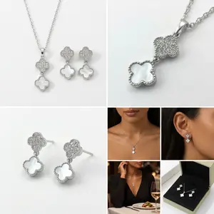 Clover-Shaped Mother-of-Pearl Jewelry Set - Shiny Micro-Pavé Necklace & Earrings for Daily Wear