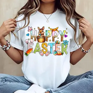 Happy Easter Bunny And Eggs T-Shirt White Happy Easter With Bunny Carrot And Egg Design For Spring Celebration