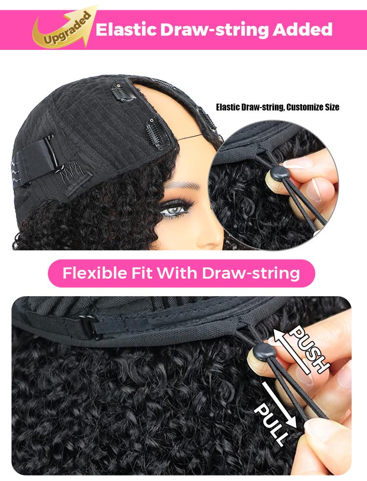 CurlyMe V Part Wig Kinky Straight Hair Glueless Wig Pre-plucked Natural Black 180% Human Hair Medium 22.5 Inch Cap USPS Shipping in 48H