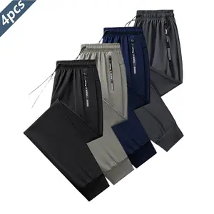 4PCS Ice Silk Sports Pants with Drawstring Elastic Design Zippered Pockets Thin High-Elastic Quick-Dry Fitness Trousers Skin-Friendly Smooth Soft Fabric Suitable for Indoor Sports Summer Outdoor Sports Breathable Activewear Bottoms Sporty Style