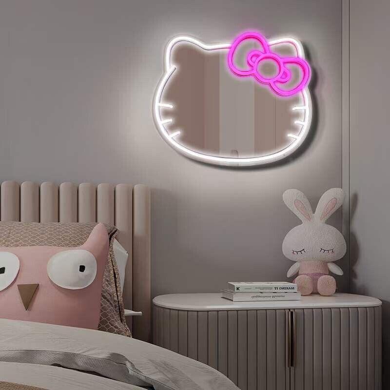 【FaddishDeal】Kitty face Home Decorative mirror ,Anime Neon Sign for Dresser, Locker Room,Living Room, Neon，Light up Acrylic Mirror with Dimmable Interior Led Pastel，