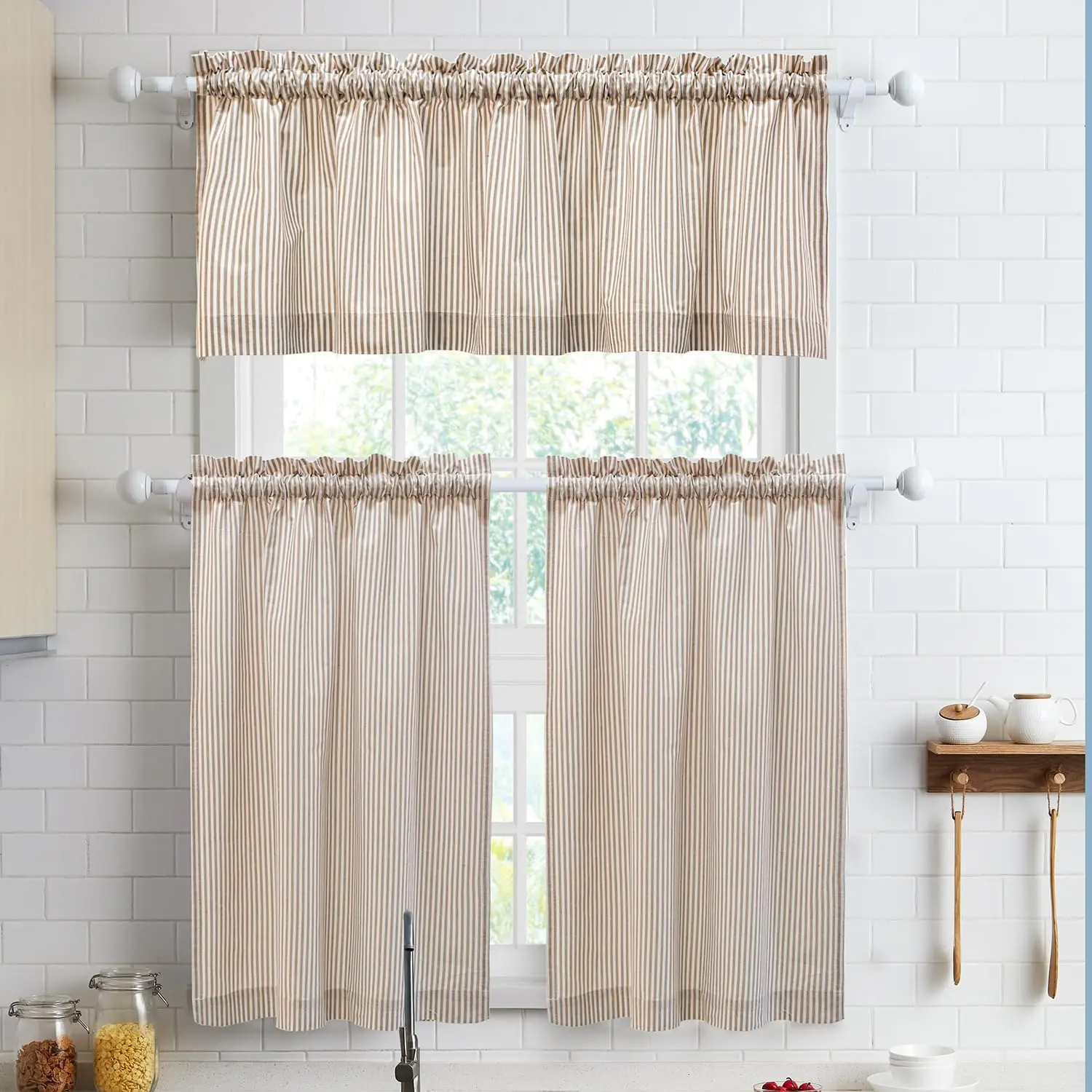 Linen Rod Pocket 3-Tier Curtain Set, 56"x36" 36in Long Synthetic Classic Buffalo Check Curtains for Small Windows, Bathroom Decor, Indoor/Outdoor Use, Rustic Classic