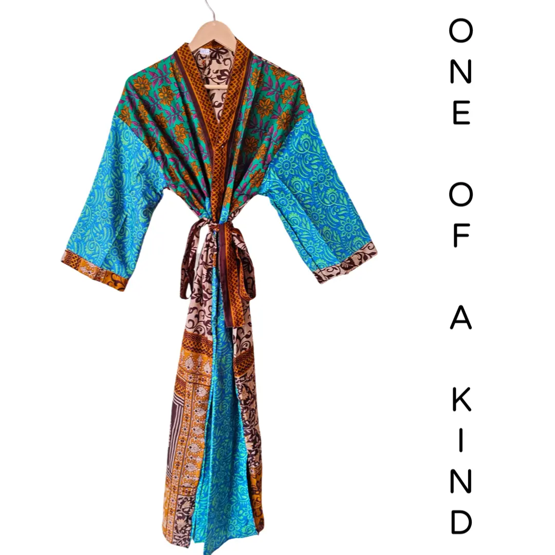 Recycled Silk Vintage Kimono - Turquiose, Green, Burgundy
