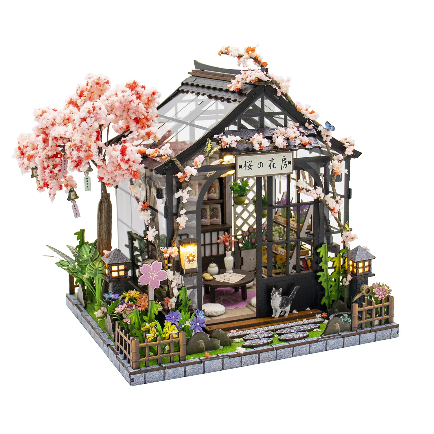 Book Nook Kit-Sakura Greenhouse DIY Miniature House Kit with Warm LED Light, Japanese Cherry Blossom Wooden 3D Puzzle Model, Handmade Craft Assembly Set, Mini Greenhouse Dollhouse Display, Desk Shelf Decor Gift for Miniature Lovers