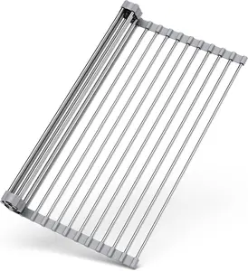 Roll Up Dish Drying Rack Over Sink, 17" x 15.7", Stainless Steel with Non-Slip Silicone Ends, Gray