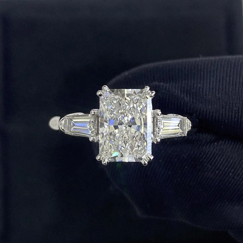 1234Carat Radiant Cut Full Moissanite Engagement Ring with Tapered Baguette Shape Diamond S925 Silver Wedding Rings for Women