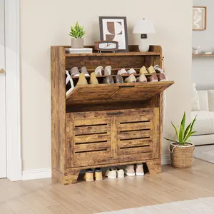 Shoe Cabinet Storage with 2 Flip Drawers, Freestanding Shoe Organizer with Hooks, Narrow Shoe Cabinet, Slim Hidden Shoe Organizer Cabinet, Brown