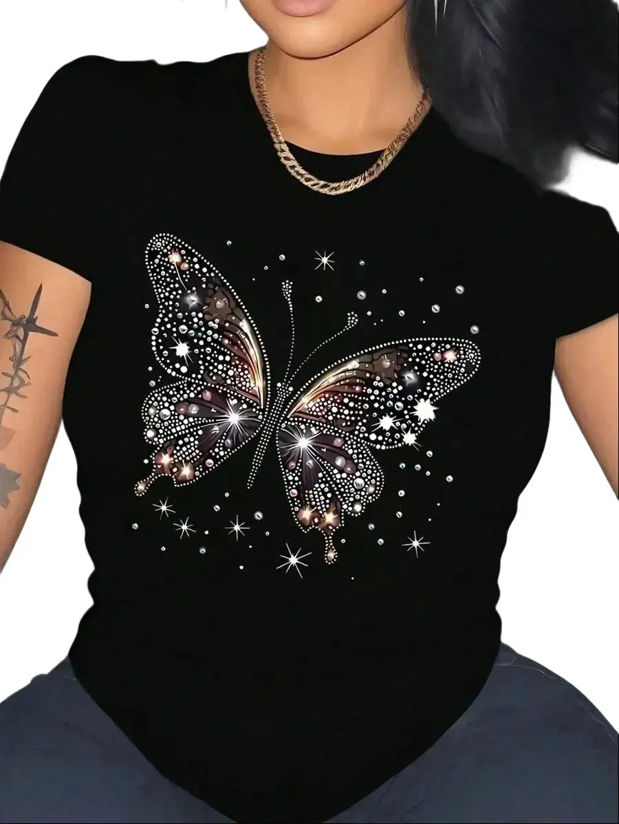 Women's Butterfly Print Sporty Chic Sports Top - Shiny Purple, 100% Polyester, Smooth, Short Sleeve, Round Neck, Fit, Elegant, Lightweight, Breathable, Machine Washable, Multi-Size, Easy to Pair with Jeans or Skirts, Casual Spring/Summer Women's Top