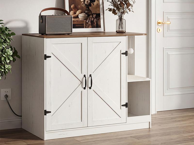 HOOBRO Farmhouse Cat Litter Box Enclosure, Automatic Cat Litter Box Cabinet with Charging Station, Hidden Cat Furniture with Hanging Ball & Sisal Mat, Tabletop & Hook, White and Walnut HOOBRO Farmhouse Cat Litter Box Enclosure, Automatic Cat Litter Box Cabinet with Charging Station, Hidden Cat Furniture with Hanging Ball & Sisal Mat, Tabletop & Hook, White and Walnut