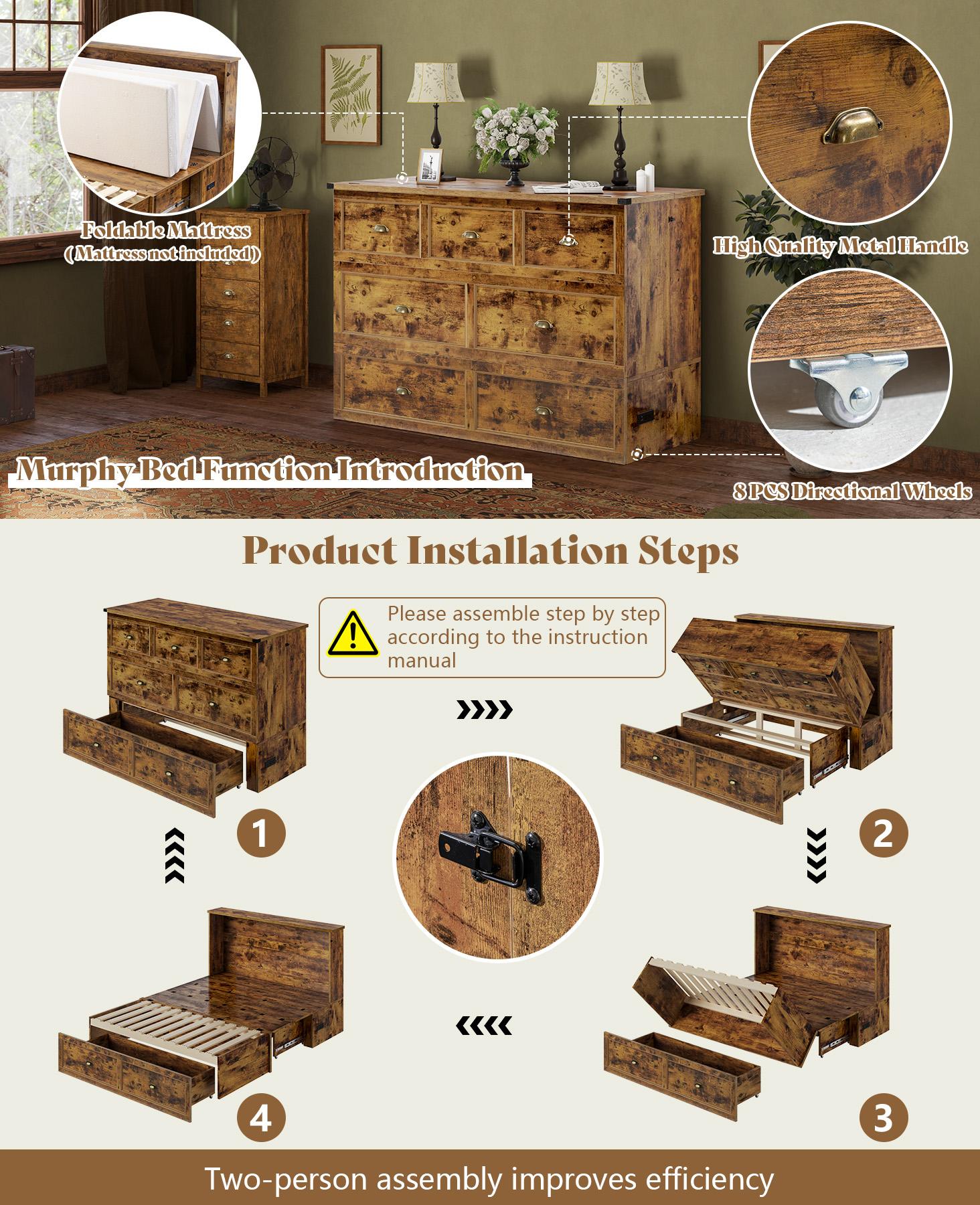 [Ships in 2 Boxes] VanAcc Murphy Bed, Farmhouse Cabinet Bed Frame with Charging Station and Storage Drawer for Bedroom/Office/Guest Room