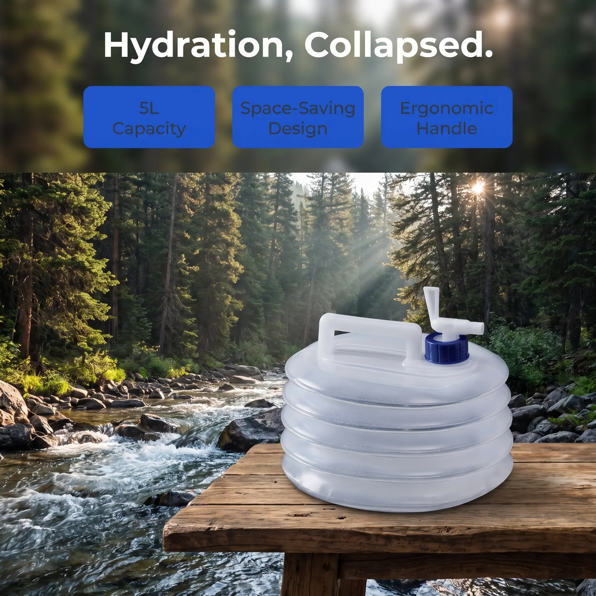 5L Collapsible Water Container with Spigot, BPA-Free Food Grade LDPE Foldable Portable Water Storage Jug, Space Saving for Camping Hiking Emergency, Ergonomic Handle (1 Pack, 5L)