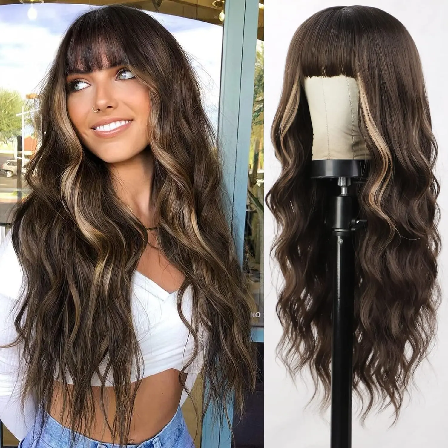 Fluffy Brown Curly Wig with Mixed Blonde Highlights 30 Inch Long Synthetic Wigs for Women Natural Everyday Wear Glueless Heat Resistant with Bangs for Daily Party Cosplay Halloween