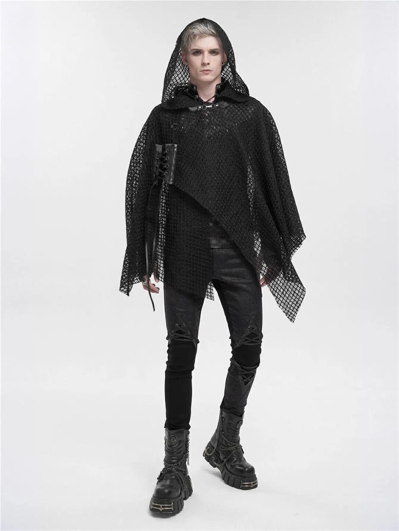 Men’s Gothic Hooded Mesh Poncho – Dark Streetwear Layered Cape Top Cosplay Breathable